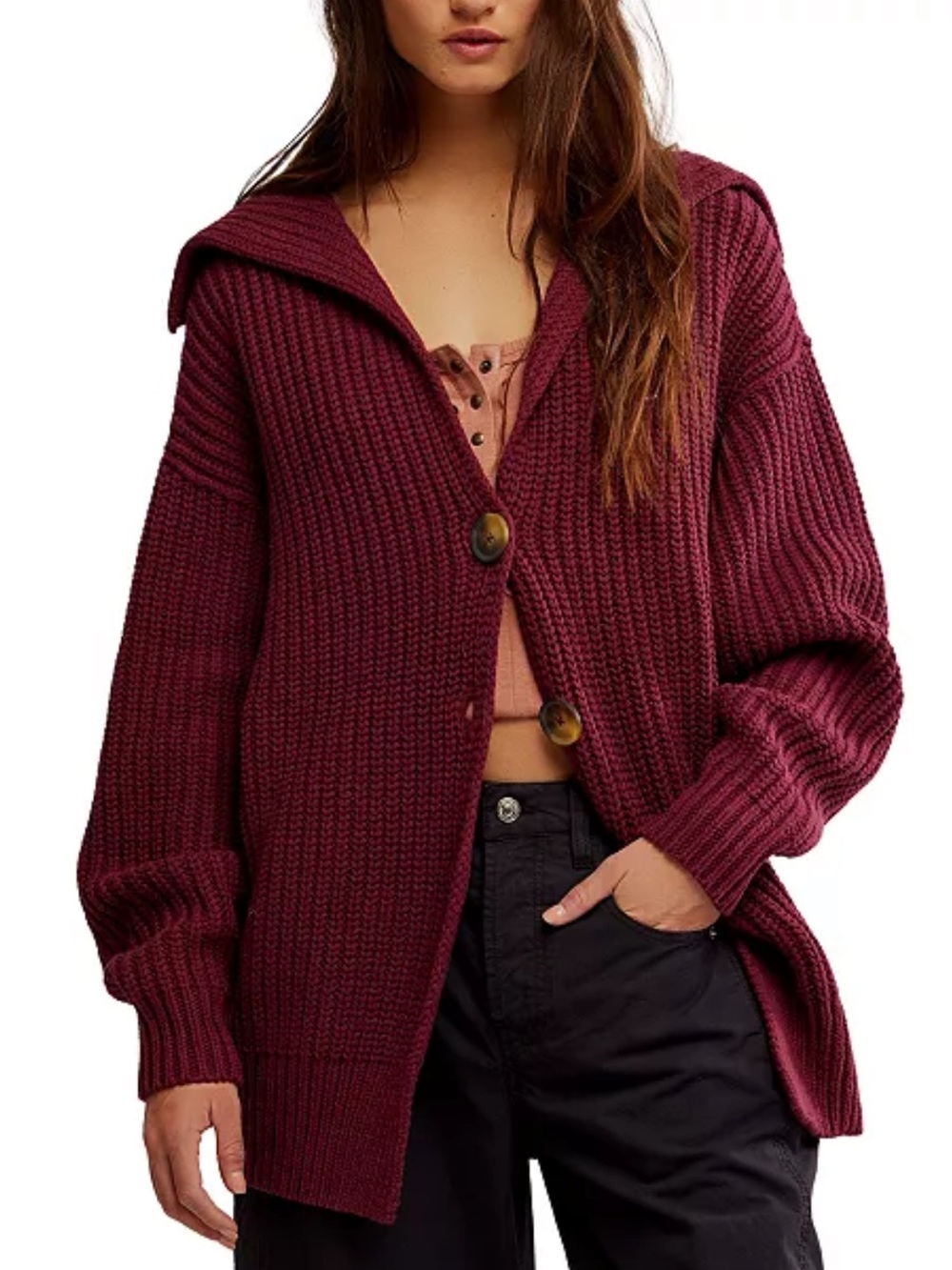 Free People Burgundy Women's Swim Too Deep Long Sleeve Cardi Sweater